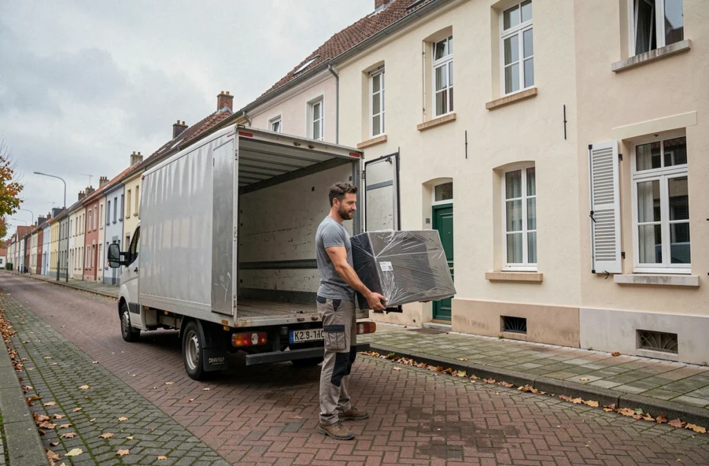 Homme chargeant un camion de déménagement devant une rue résidentielle typique de La Roche-sur-Yon