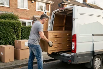Homme chargeant un meuble dans un utilitaire de location devant une maison résidentielle