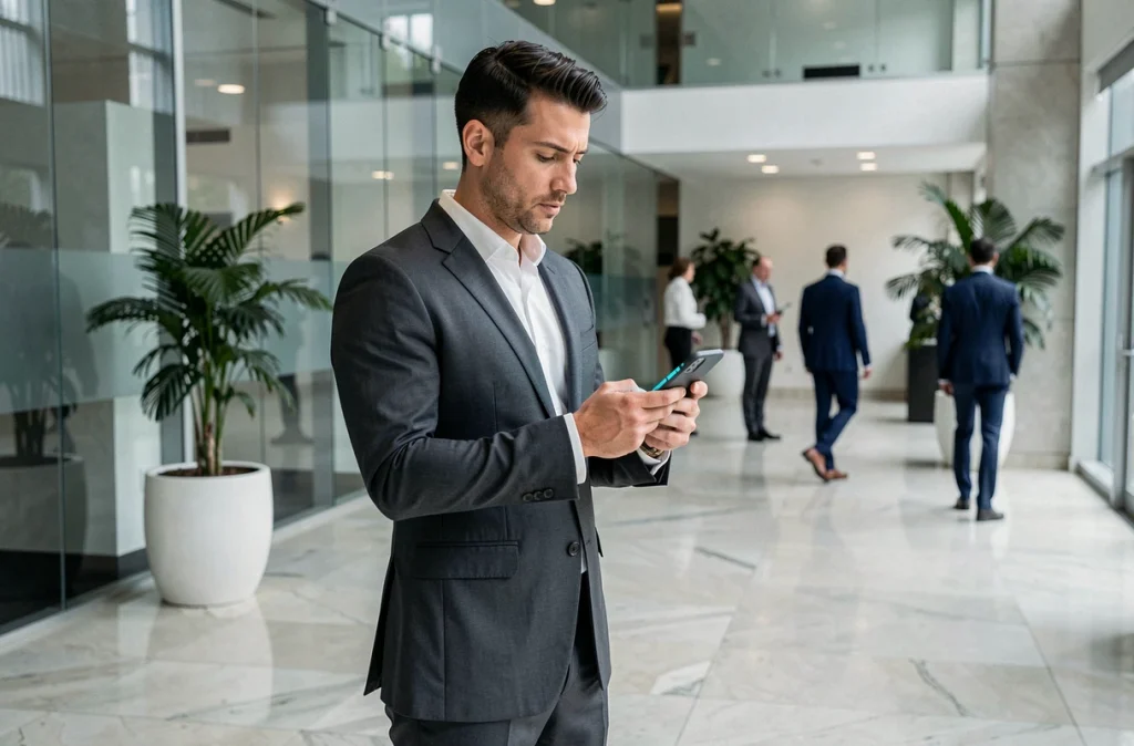 Conseiller IAD debout dans un hall moderne consultant une application immobilière sur smartphone