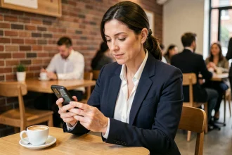 Conseillère immobilière configurant l'application IAD sur son smartphone dans un café urbain moderne