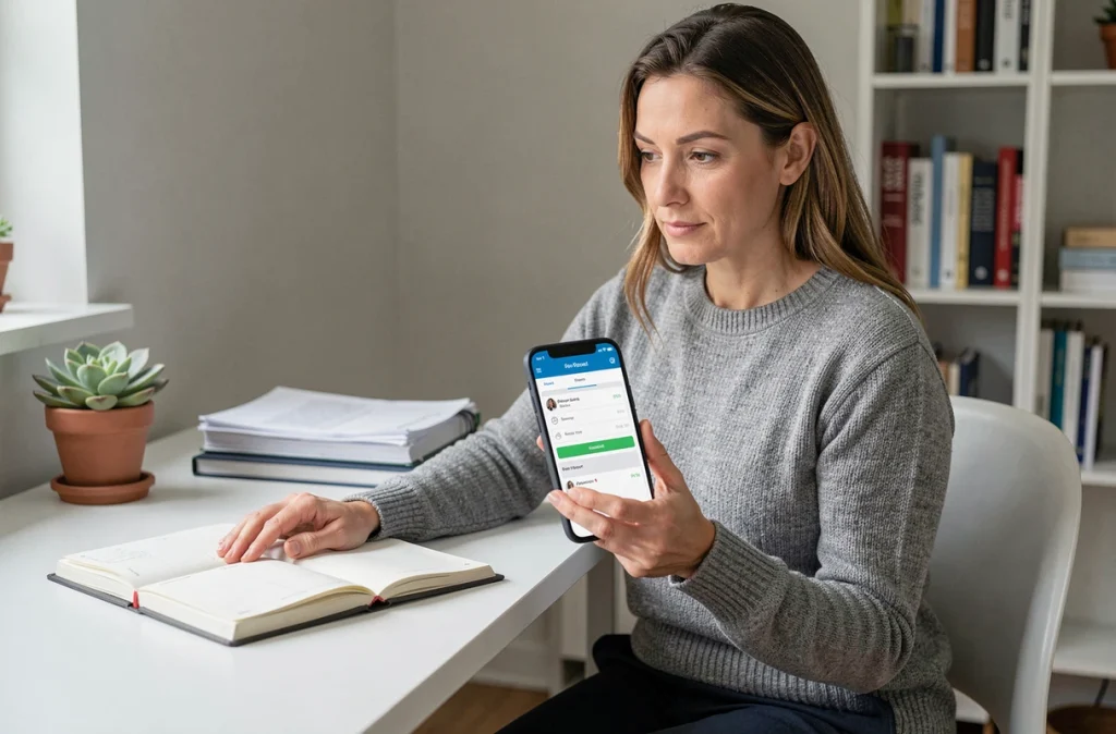 Conseillère immobilière IAD utilisant son smartphone depuis son bureau à domicile pour gérer ses mandats