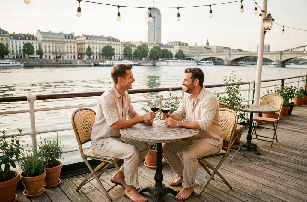 Couple profitant d'un apéritif sur le pont d'une péniche à Lyon avec vue sur le Rhône et la tour Part-Dieu