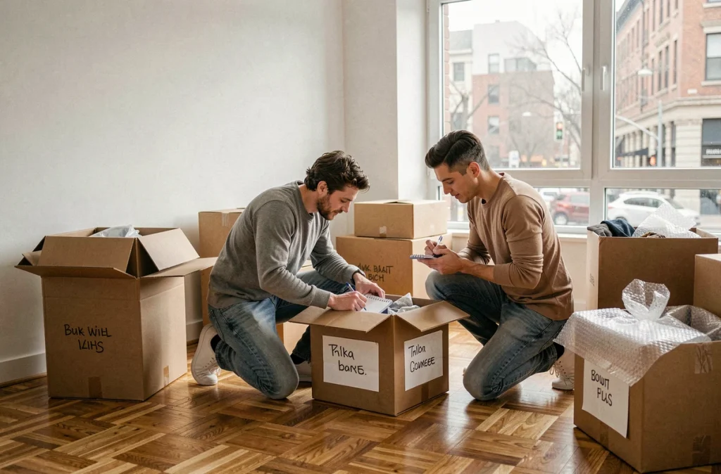 Couple en train de déménager dans un nouvel appartement, entouré de cartons et prenant des notes pour les démarches administratives