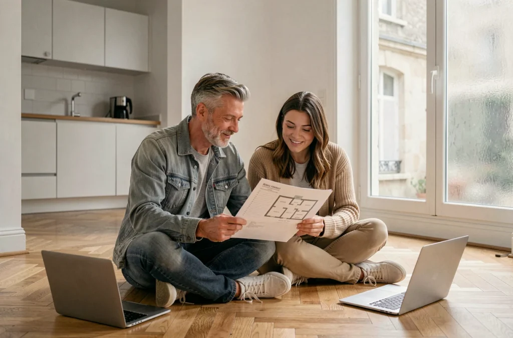 Couple consultant un plan de studio dans leur nouvel appartement loué sans stress à La Roche-sur-Yon
