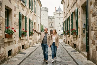Couple se promenant dans une rue pavée du centre historique de La Rochelle avec vue sur les tours médiévales