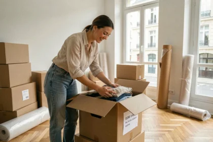 Jeune femme qui prépare ses cartons lors d'un déménagement sans stress dans un appartement à La Roche-sur-Yon