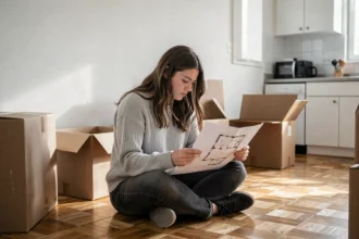 Jeune femme étudiante assise dans un petit appartement T1 en train de comparer des plans de logement entourée de cartons