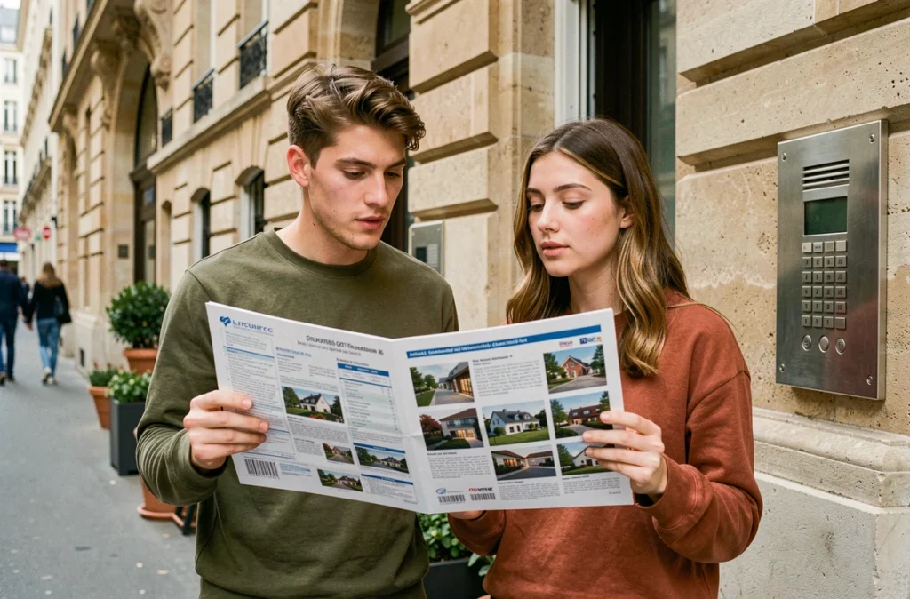 Deux étudiants comparant des annonces immobilières devant un immeuble résidentiel pour choisir entre un T1 et un T1bis