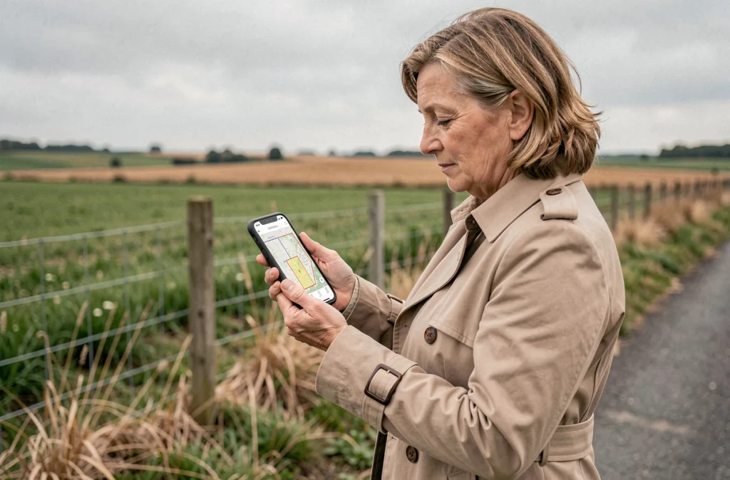Femme consultant une application cadastrale sur smartphone sur le terrain pour identifier le propriétaire d'une parcelle agricole