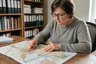 Femme consultant un plan cadastral imprimé sur son bureau à domicile pour identifier le propriétaire d'une parcelle