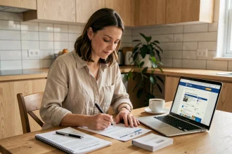 Femme remplissant un formulaire de changement d'adresse à la maison avec un ordinateur portable et des documents administratifs