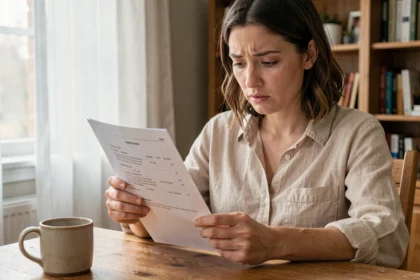 Femme lisant attentivement un contrat de bail à son domicile avant de signer