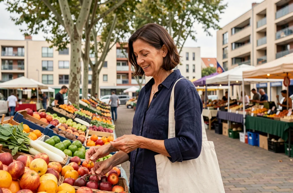 Femme explorant un marché de quartier aux Minimes à La Rochelle entourée d'immeubles résidentiels