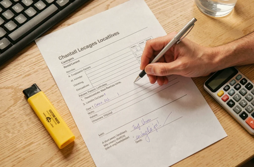 Gros plan sur un contrat de bail avec annotations manuscrites et calculatrice pour vérifier les charges