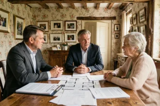 Famille en discussion autour des documents d'héritage d'une maison en indivision dans une maison de campagne française
