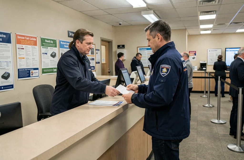 Homme déposant une déclaration de changement d'adresse au guichet d'un bureau de poste