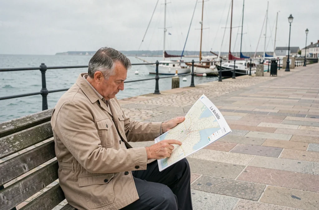 Homme consultant une carte des quartiers de La Rochelle assis sur un banc face au port et à la mer