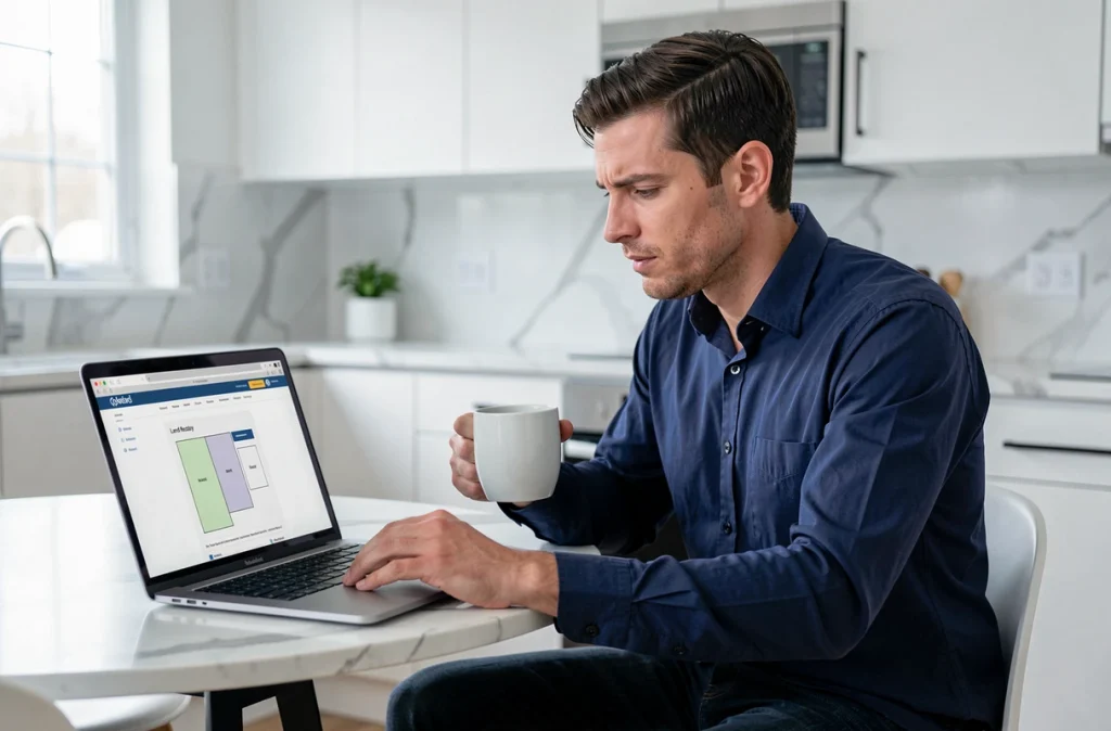 Homme recherchant le propriétaire d'une parcelle en ligne sur le site du cadastre depuis son ordinateur portable