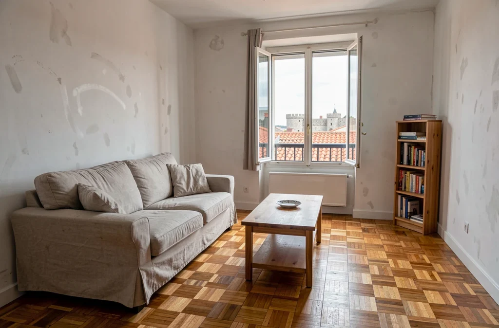 Intérieur d'un appartement en location typique à Concarneau avec vue sur les toits et la Ville Close