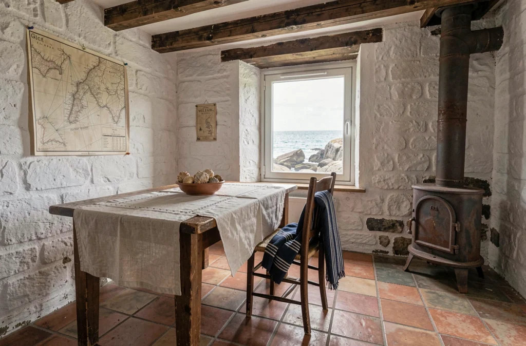 Intérieur authentique d'une petite maison de pêcheur bretonne avec vue sur la mer