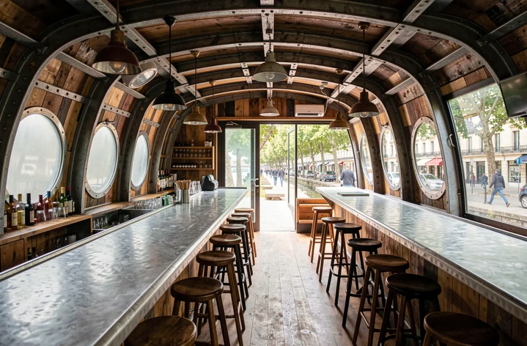 Intérieur chaleureux d'une péniche bar-restaurant à Lyon avec vue sur les quais à travers les hublots