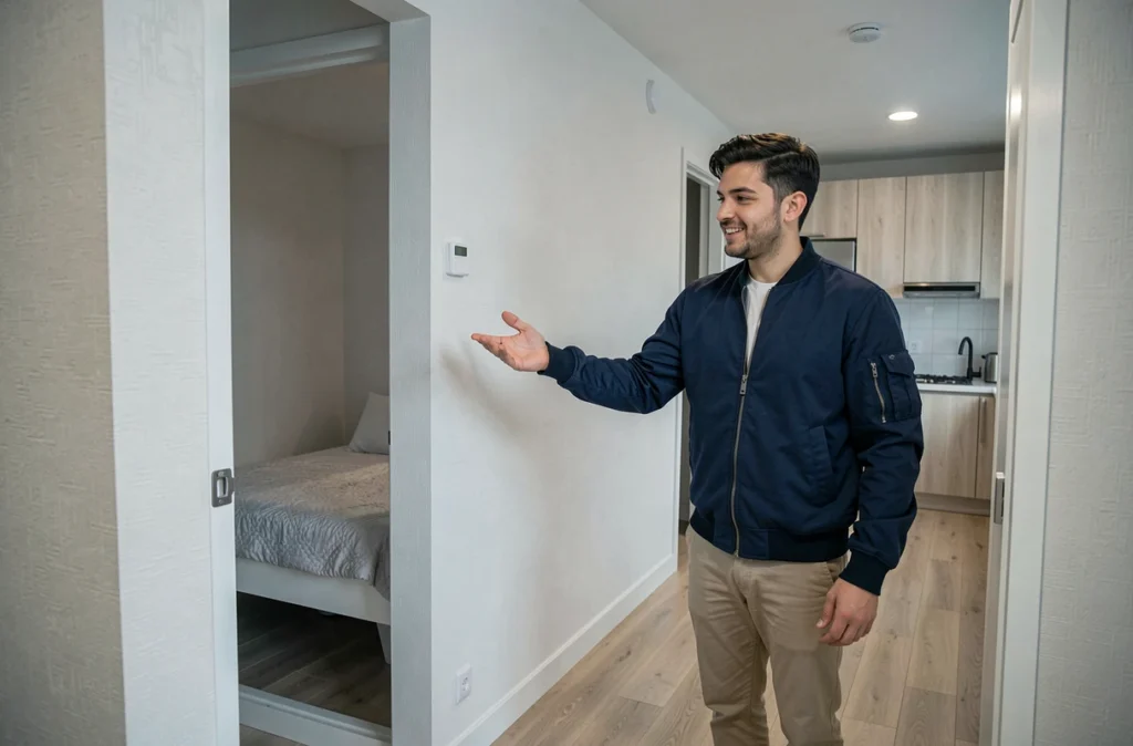 Jeune actif dans un appartement T1bis montrant l'alcôve de couchage séparée de l'espace de vie principal