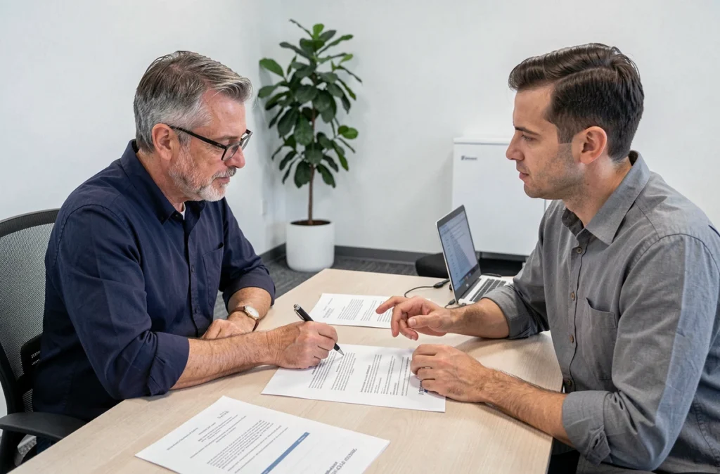 Locataire discutant des charges du bail avec un agent immobilier en agence