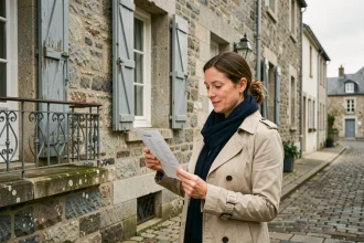 Femme consultant une annonce de location devant un immeuble en pierre bretonne à Concarneau