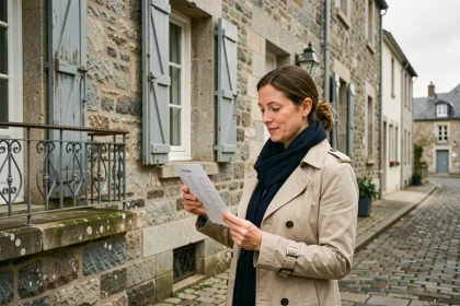 Femme consultant une annonce de location devant un immeuble en pierre bretonne à Concarneau