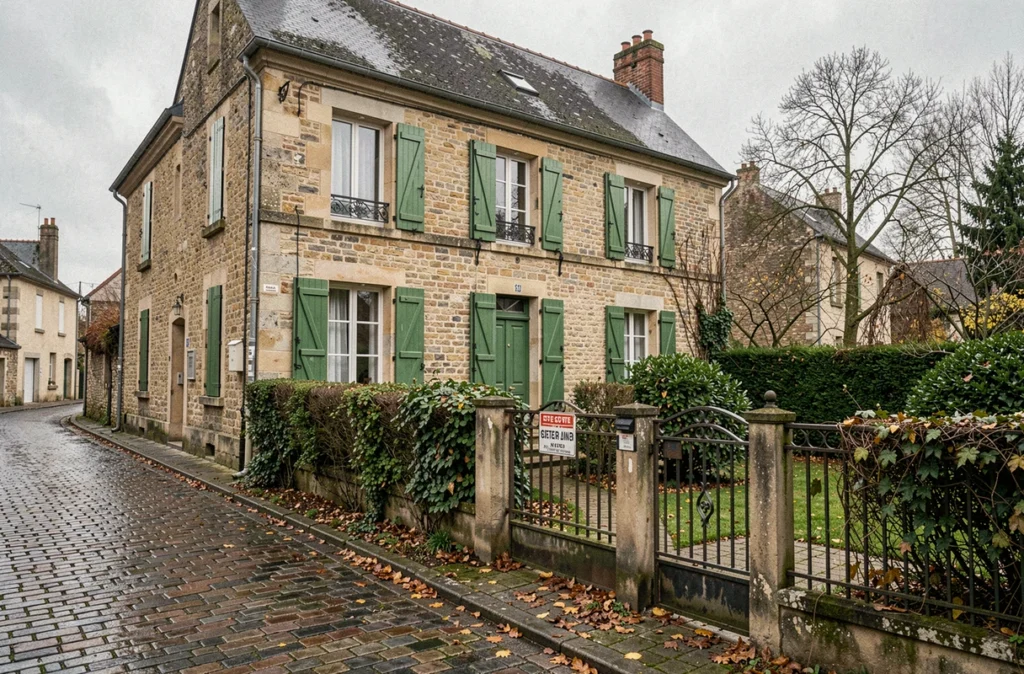Maison de famille française en indivision avec façade en pierre et volets verts dans un village rural