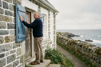Pêcheur breton devant sa petite maison en pierre au bord de mer en Bretagne