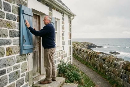 Pêcheur breton devant sa petite maison en pierre au bord de mer en Bretagne
