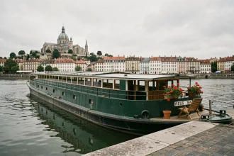 Péniche amarrée sur les quais de Saône à Lyon avec vue sur la basilique de Fourvière et les toits de Vieux-Lyon
