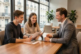 Couple de primo-accédants accompagné par un conseiller immobilier dans une agence moderne à Lyon