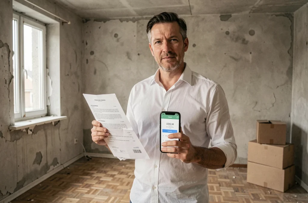 Propriétaire dans un appartement vide tenant un contrat de location et vérifiant les aides au logement sur smartphone