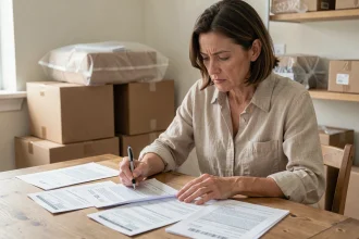Femme consultant ses contrats avant un déménagement, entourée de cartons et de documents administratifs sur une table en bois