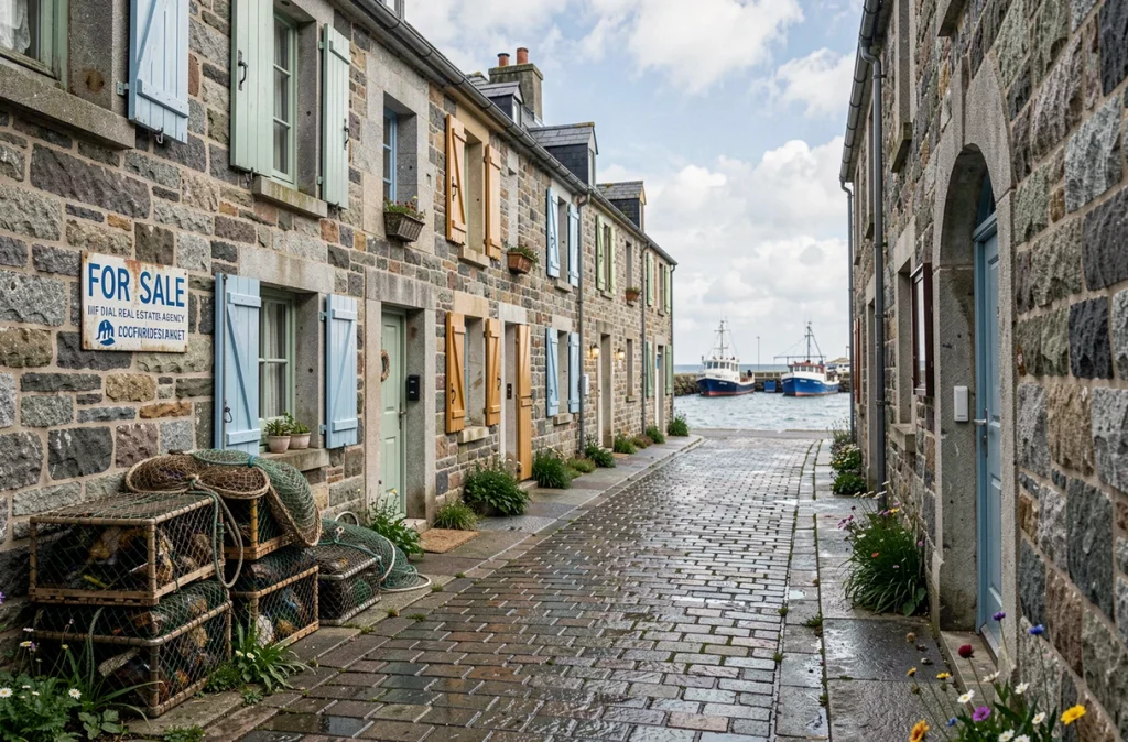 Rue bretonne avec petites maisons de pêcheurs en pierre à vendre près du port