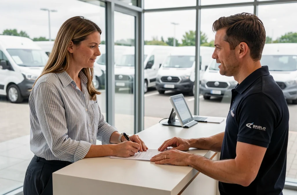 Femme signant un contrat de location d'utilitaire dans une agence de location de véhicules