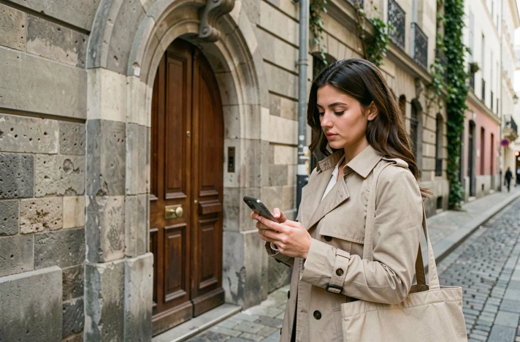 Jeune femme visitant un immeuble lyonnais typique lors de sa première acquisition immobilière