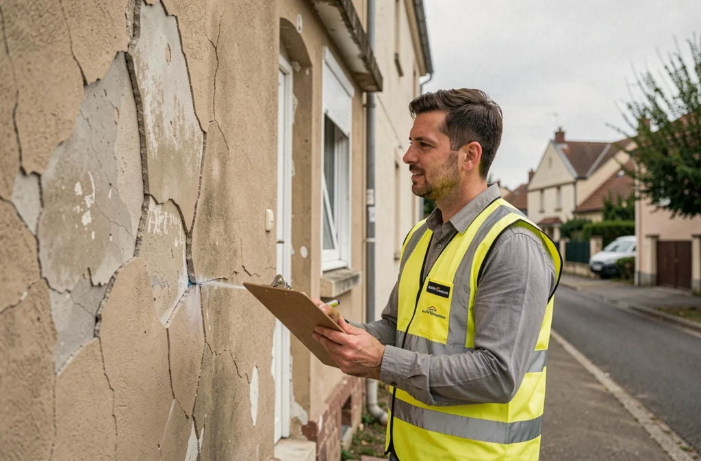 Conseiller d'Activ'Rénovation inspectant la façade vieillissante d'une maison semi-mitoyenne en Île-de-France