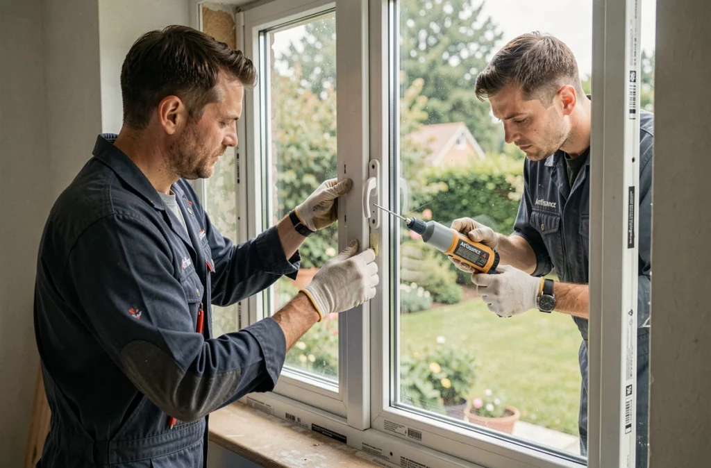 Deux artisans d'Artisance installant un châssis de fenêtre triple vitrage dans une maison en Île-de-France