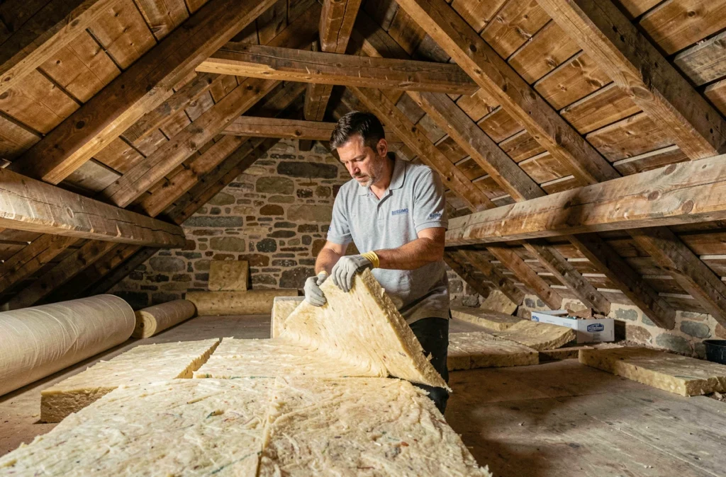 Spécialiste de Batissimo posant de l'isolation biosourcée dans les combles d'une maison en pierre en Île-de-France