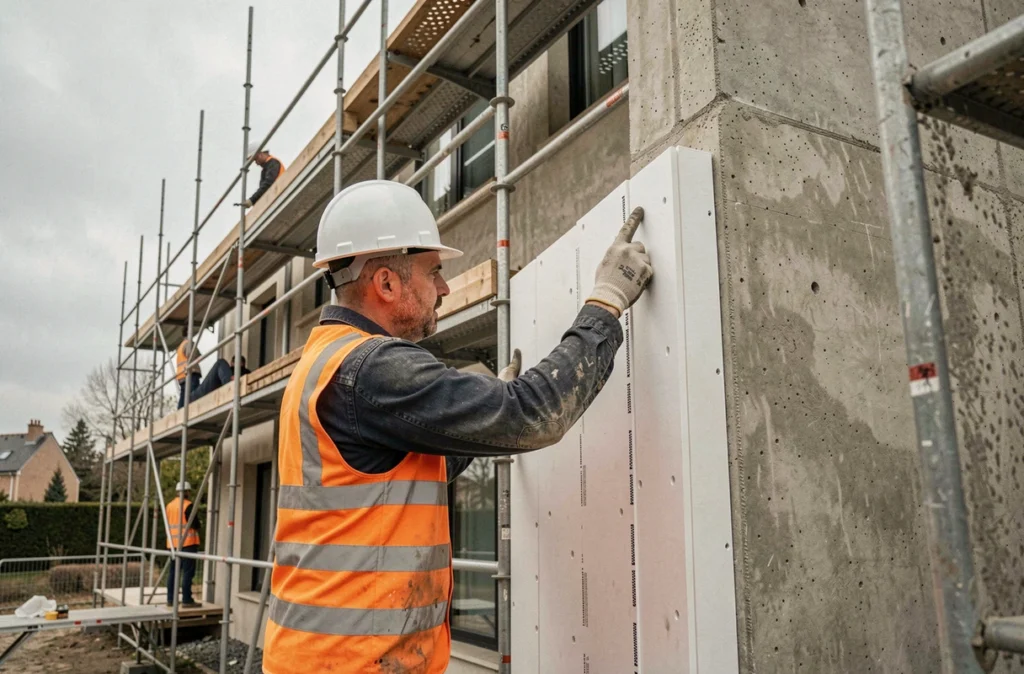 Professionnel de Belmard Bâtiment appliquant une isolation thermique par l'extérieur sur un immeuble résidentiel en banlieue parisienne