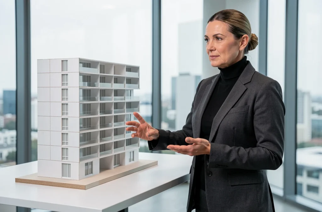 C Bagur Design architecte présentant une maquette de projet résidentiel dans un studio épuré à Marseille