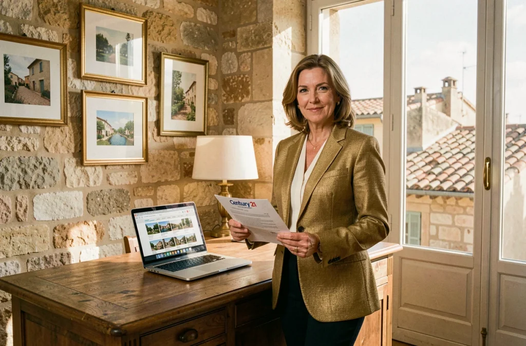 Agente Century 21 Aix-en-Provence debout dans son agence avec un contrat de location