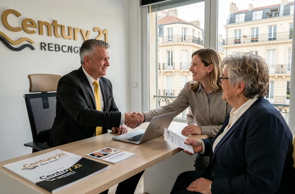 Agent Century 21 Marseille finalisant un contrat de gestion locative avec des propriétaires