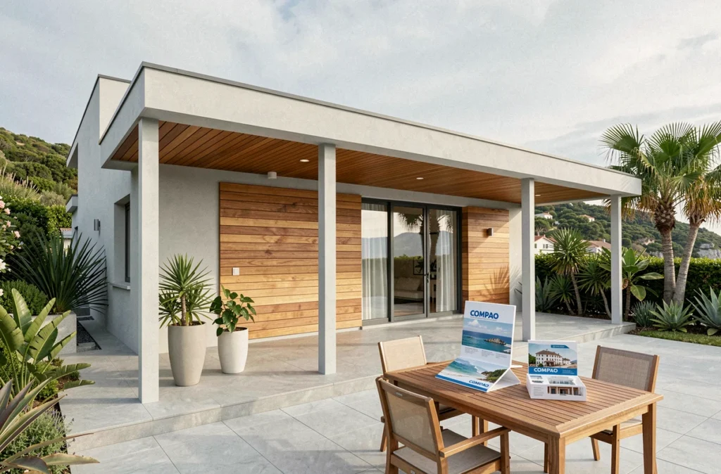 Villa moderne de style basque côtier réalisée par l'agence Compao Bidart avec terrasse couverte et végétation tropicale