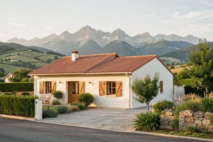 Maison individuelle moderne dans les Pyrénées-Atlantiques avec vue sur les montagnes et architecture typique basque