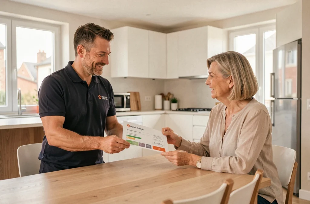 Consultant de Domos Énergie présentant un certificat de performance énergétique à une propriétaire dans une maison rénovée en banlieue parisienne