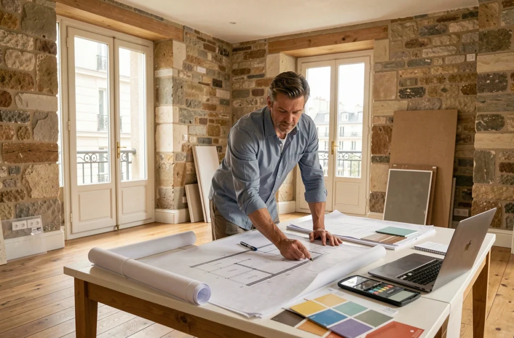 Chef de projet Hemea examinant des plans de rénovation dans un appartement parisien en cours de travaux